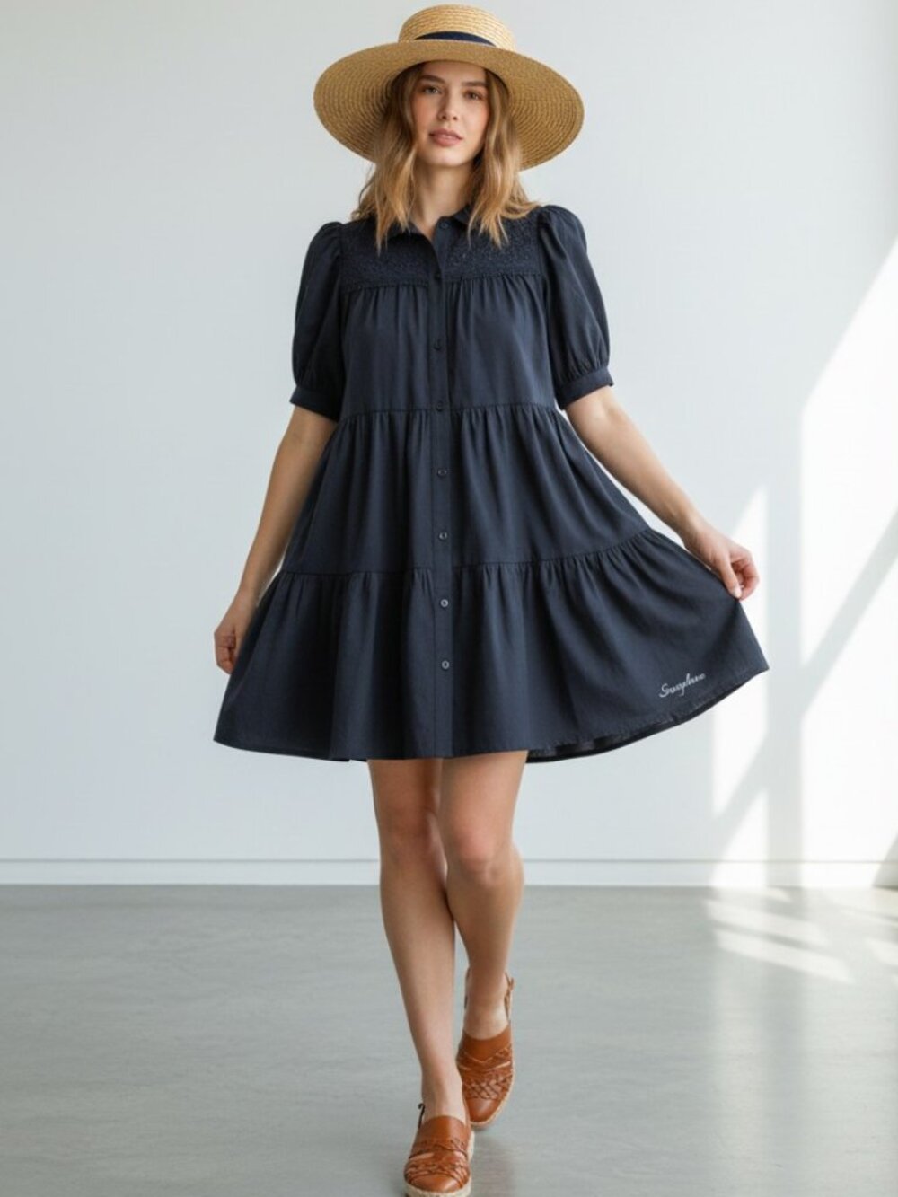 Umgee NWT Navy Tiered Babydoll Dress Puff Sleeve Mini Sz S